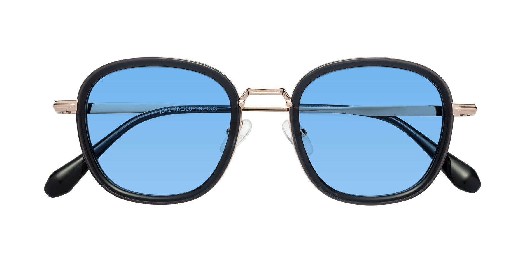 Folded Front of Vista in Deep Gray-Light Gold with Medium Blue Tinted Lenses