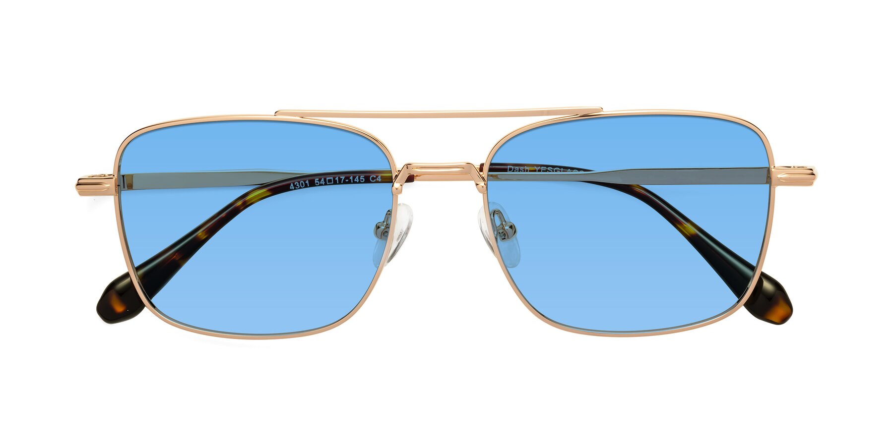 Folded Front of Dash in Rose Gold with Medium Blue Tinted Lenses