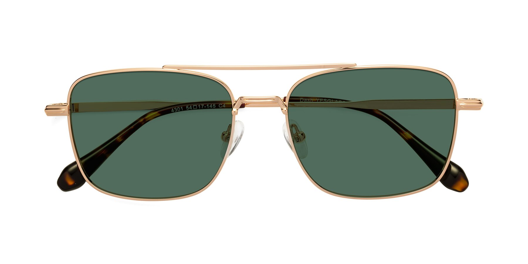 Folded Front of Dash in Rose Gold with Green Polarized Lenses