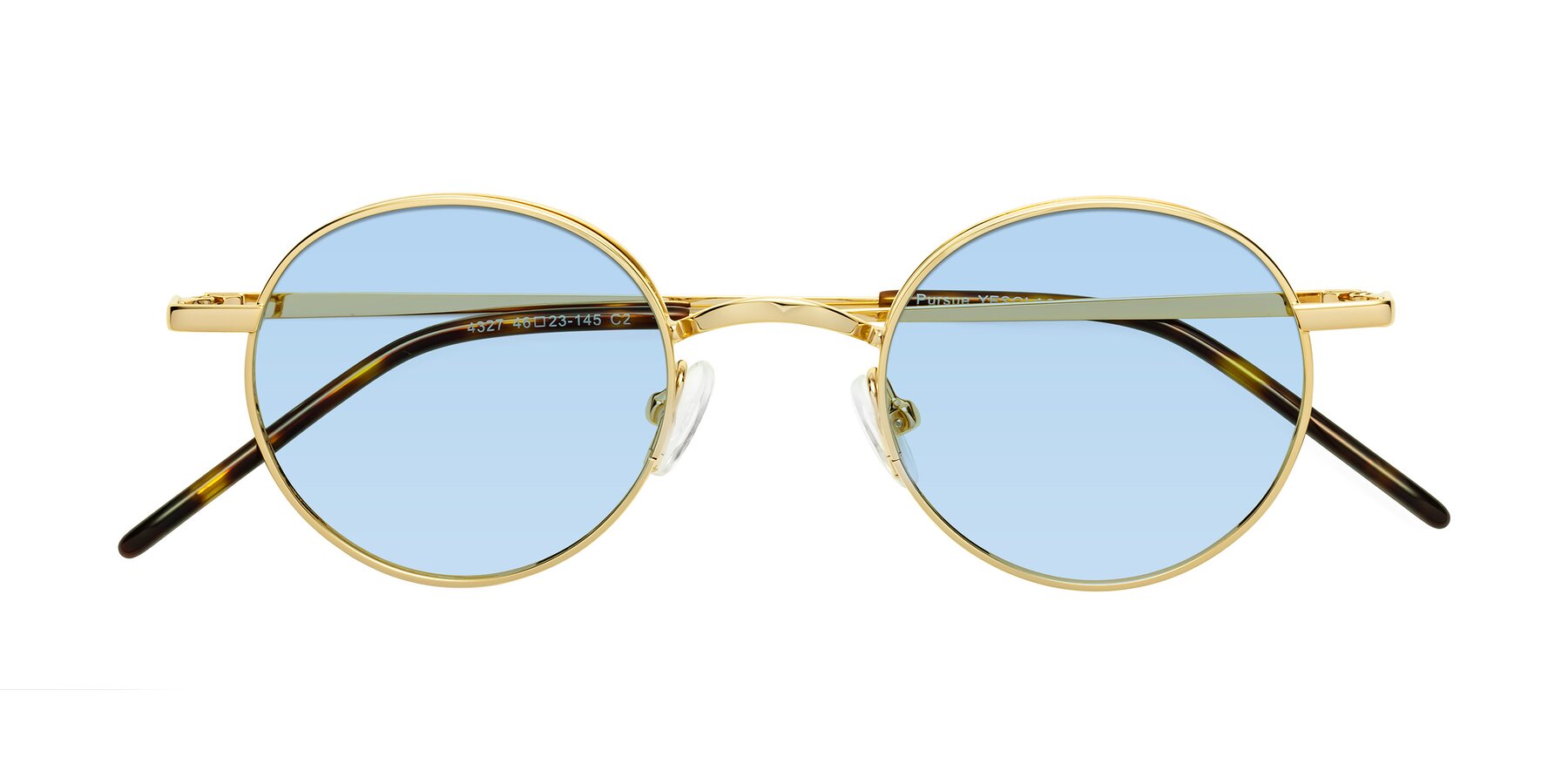 Folded Front of Pursue in Gold with Light Blue Tinted Lenses