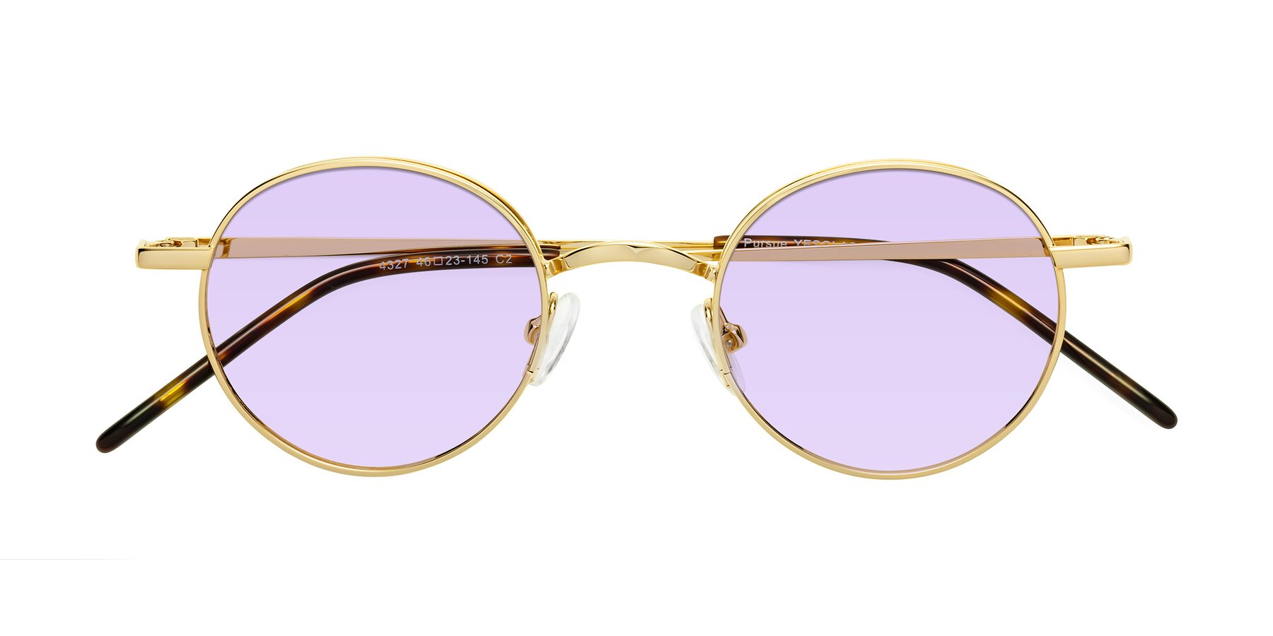 Folded Front of Pursue in Gold with Light Purple Tinted Lenses