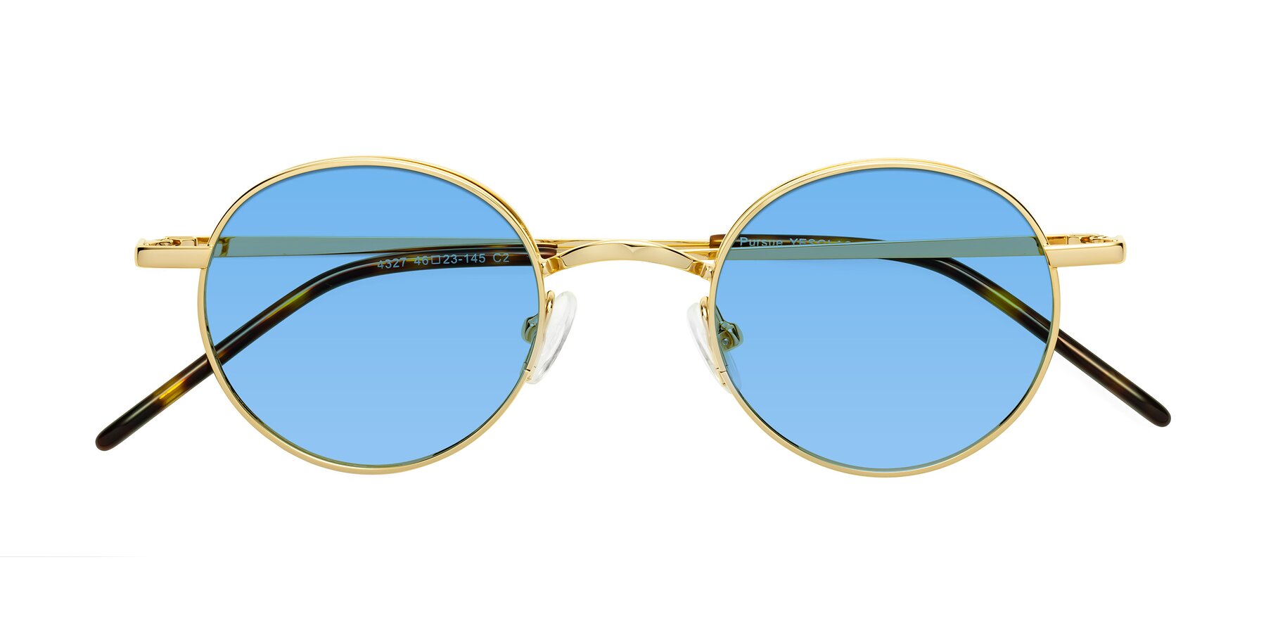 Folded Front of Pursue in Gold with Medium Blue Tinted Lenses