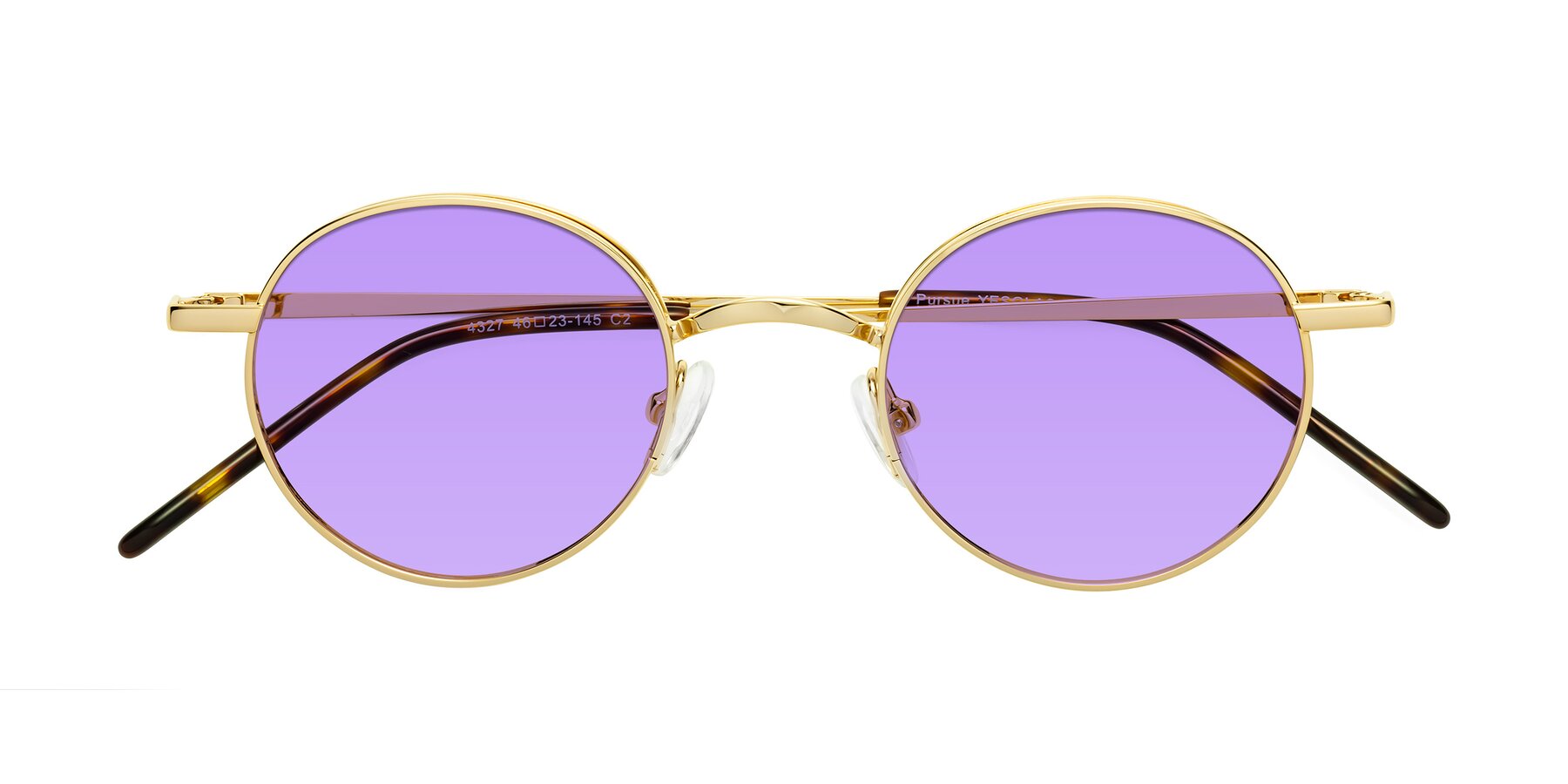 Folded Front of Pursue in Gold with Medium Purple Tinted Lenses