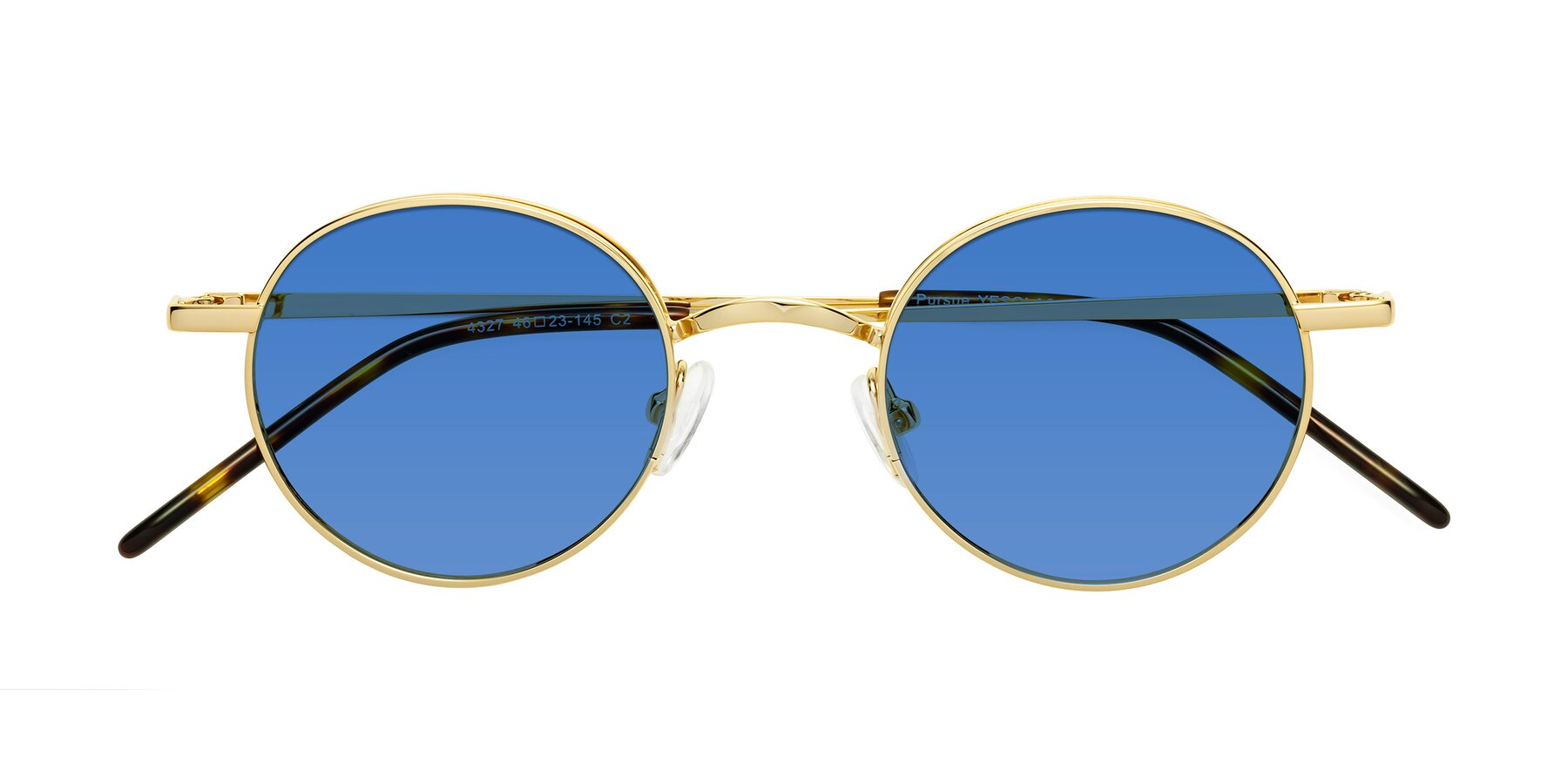 Folded Front of Pursue in Gold with Blue Tinted Lenses