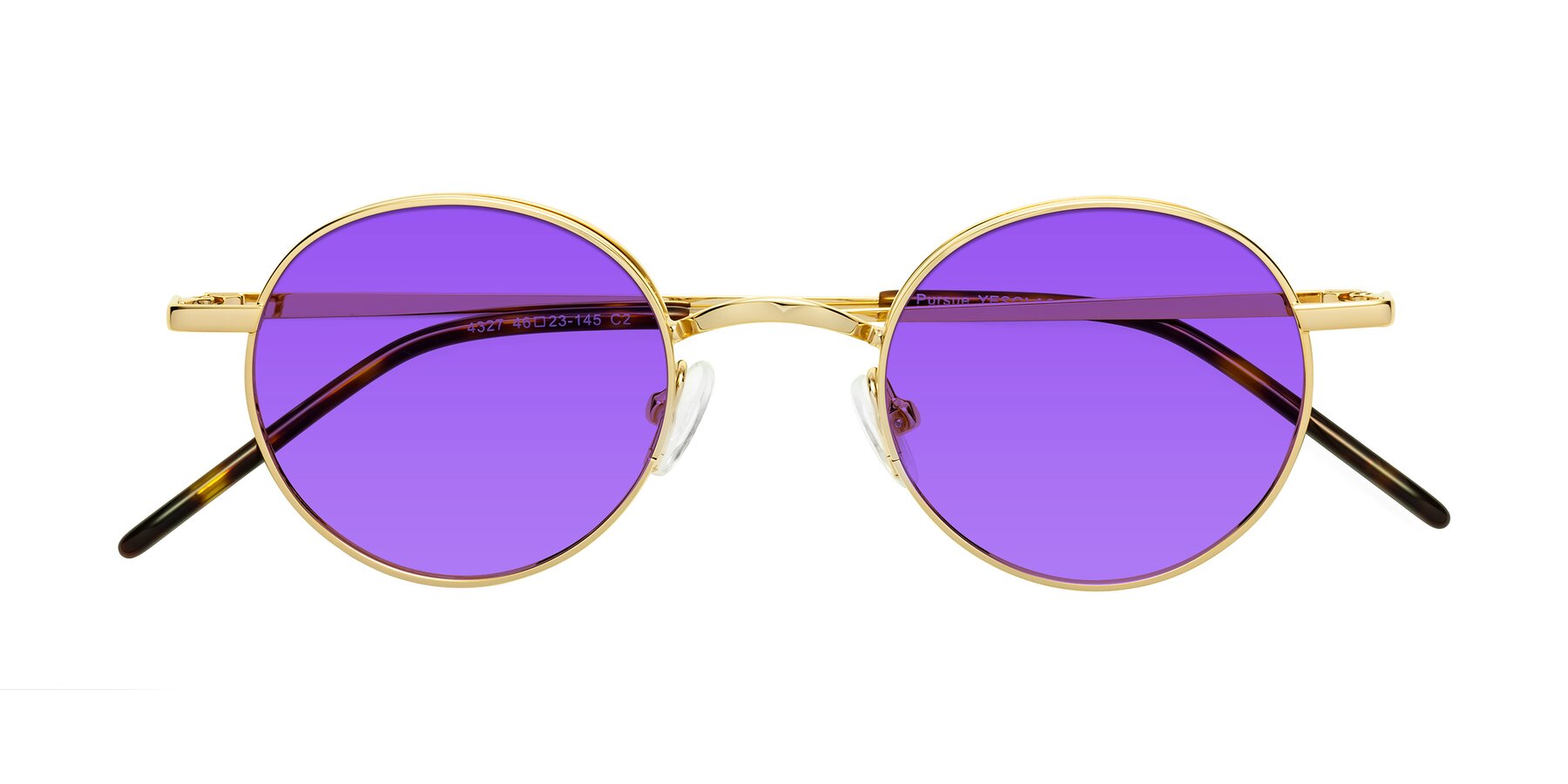 Folded Front of Pursue in Gold with Purple Tinted Lenses