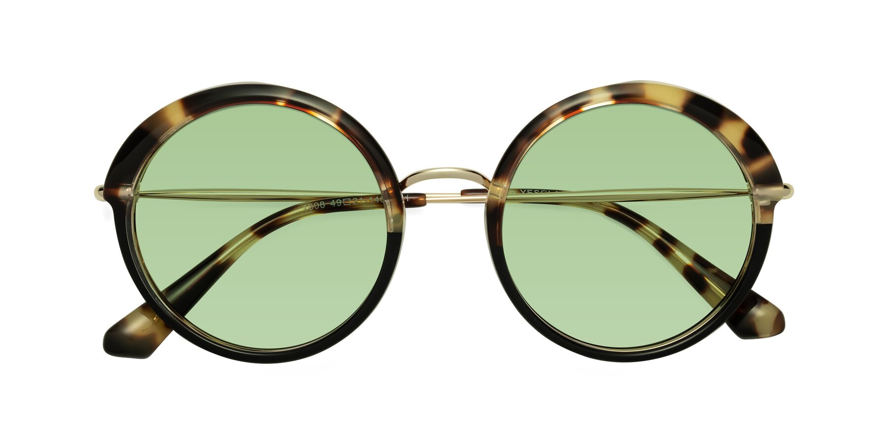 Folded Front of Mojo in Ivory Tortoise-Black with Medium Green Tinted Lenses