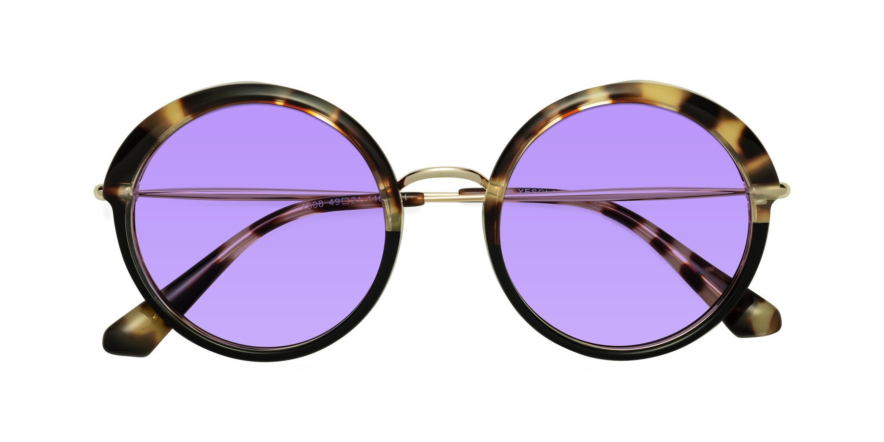 Folded Front of Mojo in Ivory Tortoise-Black with Medium Purple Tinted Lenses
