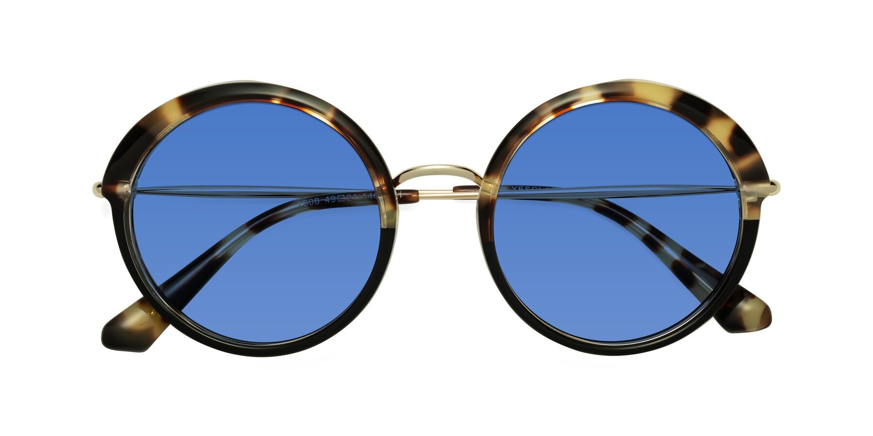 Folded Front of Mojo in Ivory Tortoise-Black with Blue Tinted Lenses