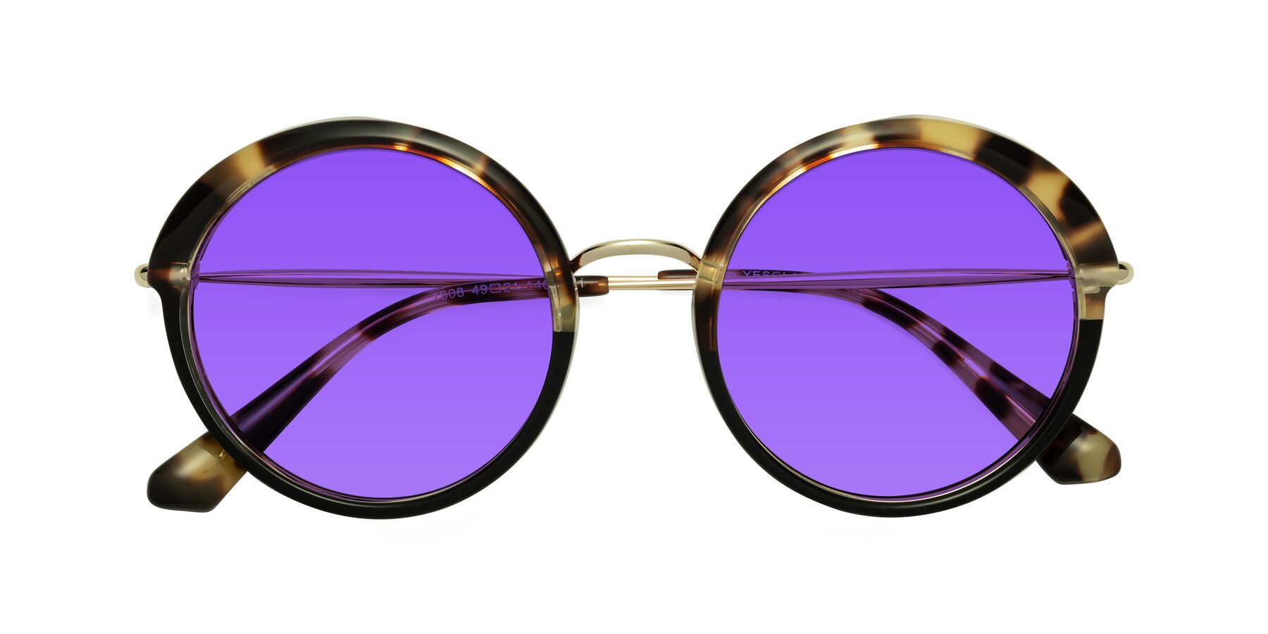 Folded Front of Mojo in Ivory Tortoise-Black with Purple Tinted Lenses