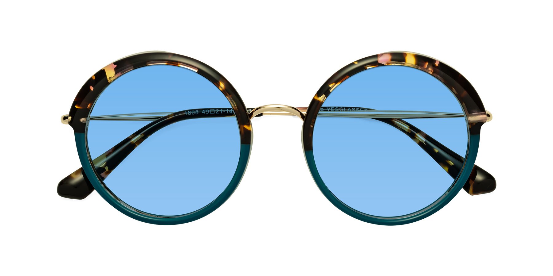 Folded Front of Mojo in Floral-Teal with Medium Blue Tinted Lenses