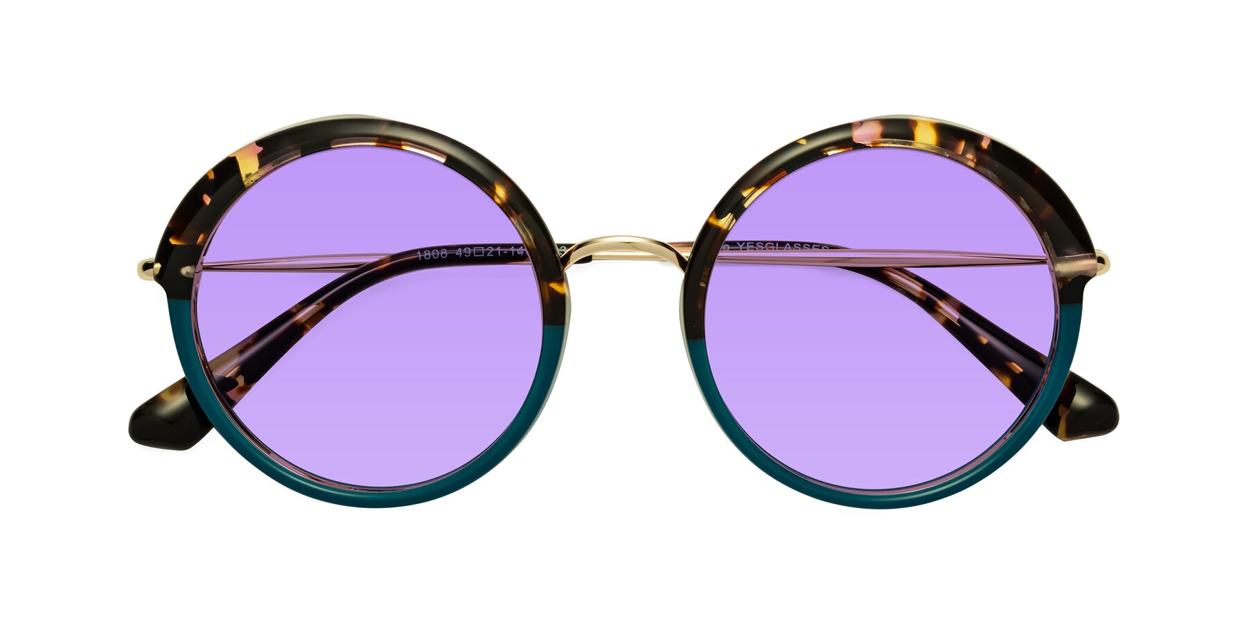 Folded Front of Mojo in Floral-Teal with Medium Purple Tinted Lenses