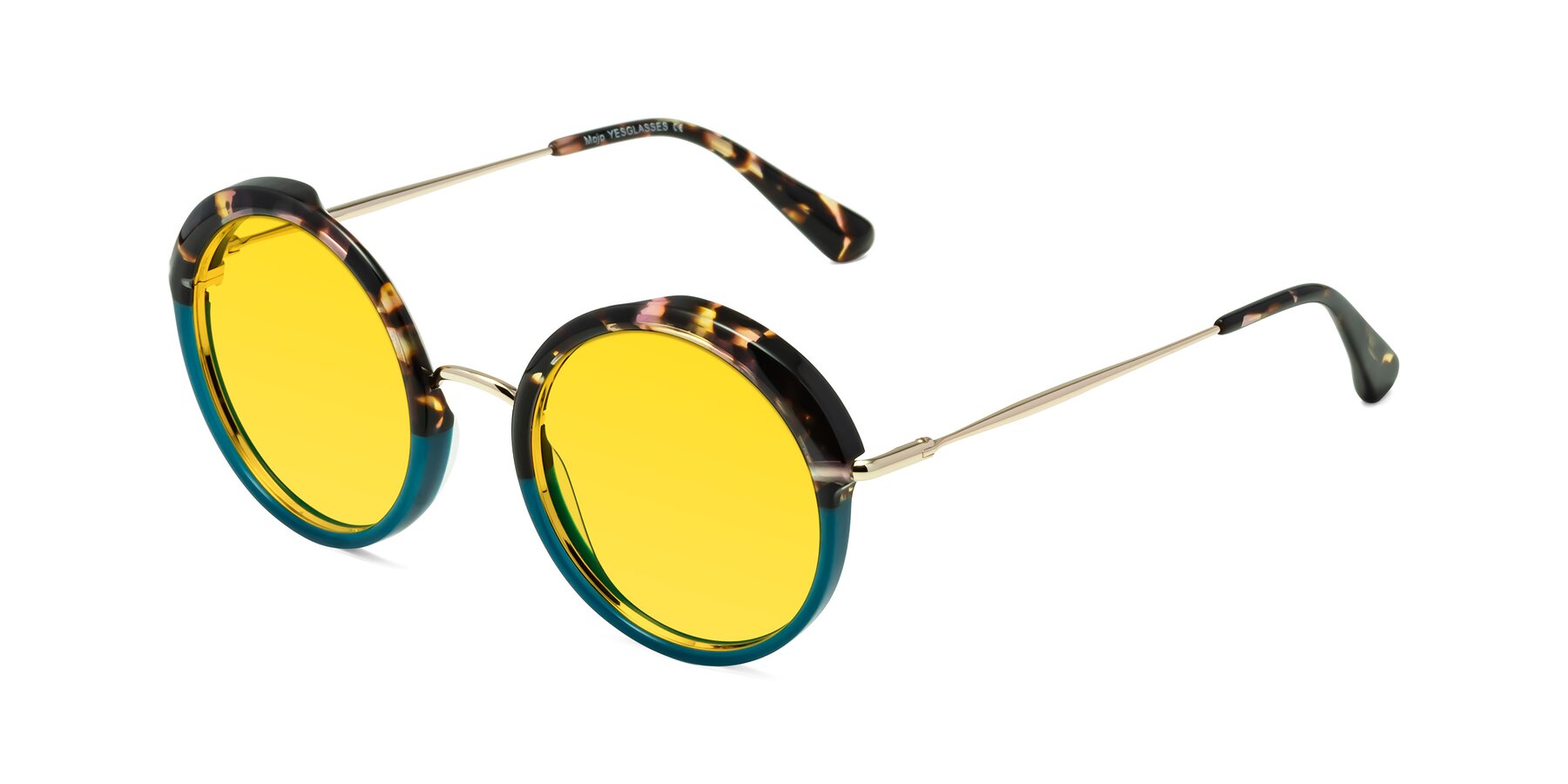 Angle of Mojo in Floral-Teal with Yellow Tinted Lenses