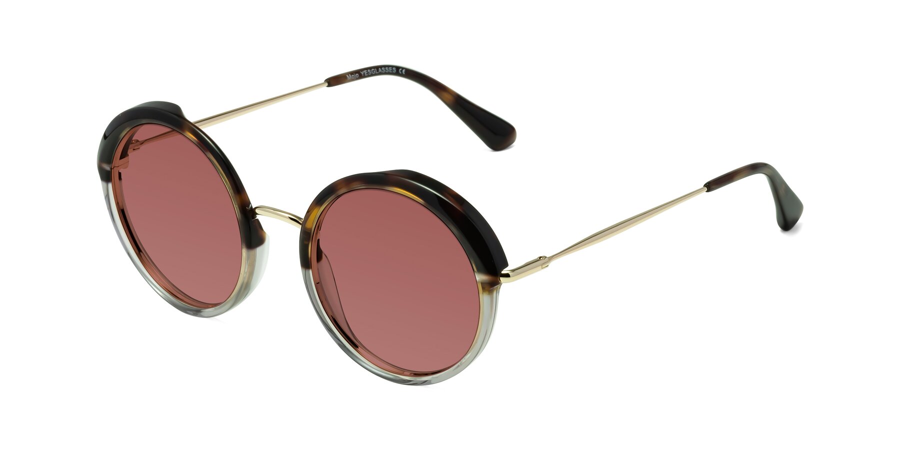 Angle of Mojo in Tortoise-Clear with Garnet Tinted Lenses