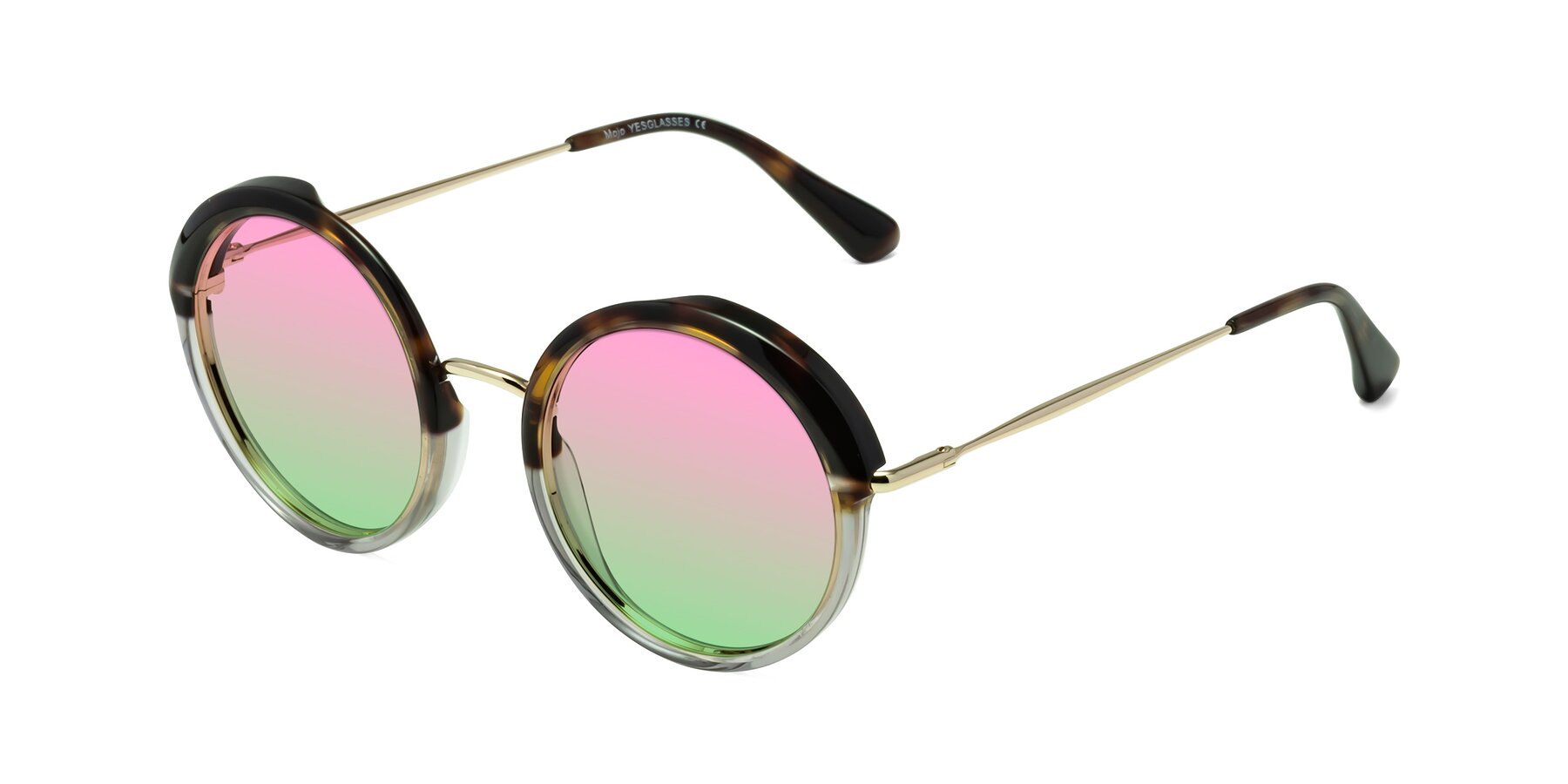 Angle of Mojo in Tortoise-Clear with Pink / Green Gradient Lenses
