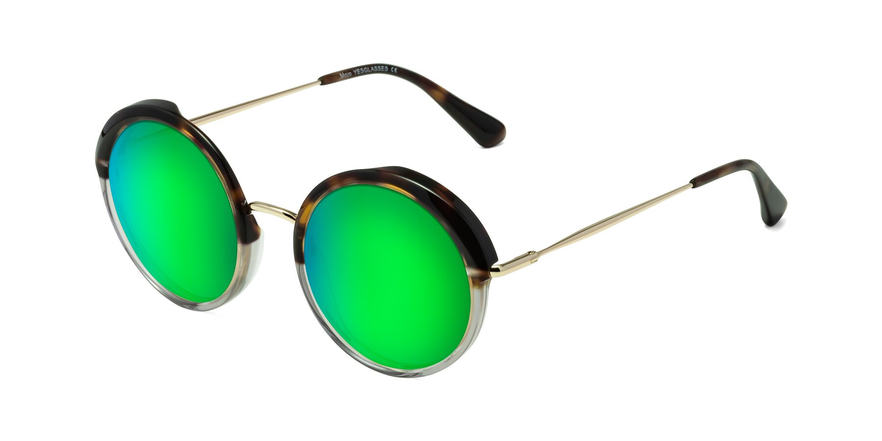 Angle of Mojo in Tortoise-Clear with Green Mirrored Lenses