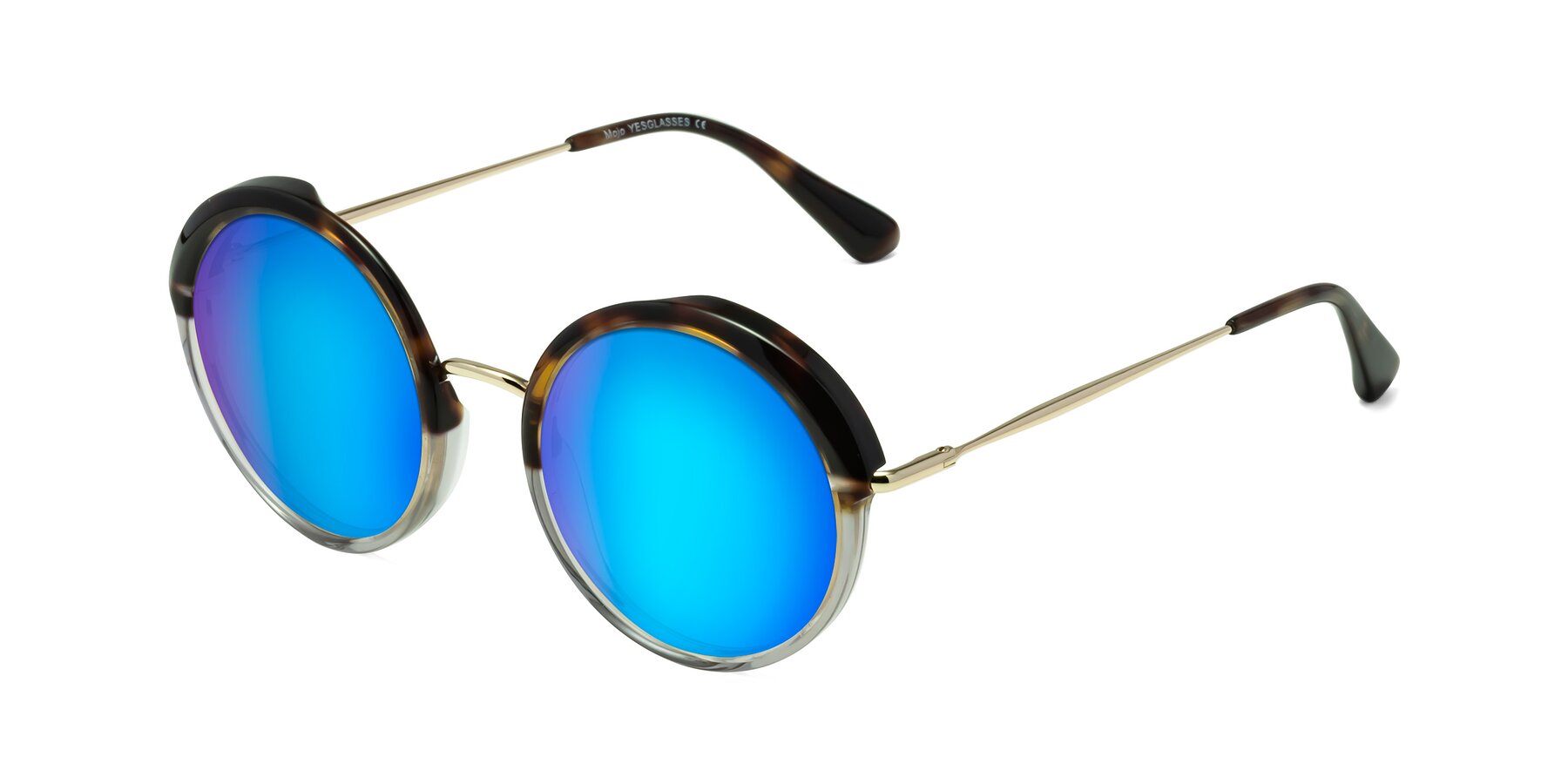 Angle of Mojo in Tortoise-Clear with Blue Mirrored Lenses