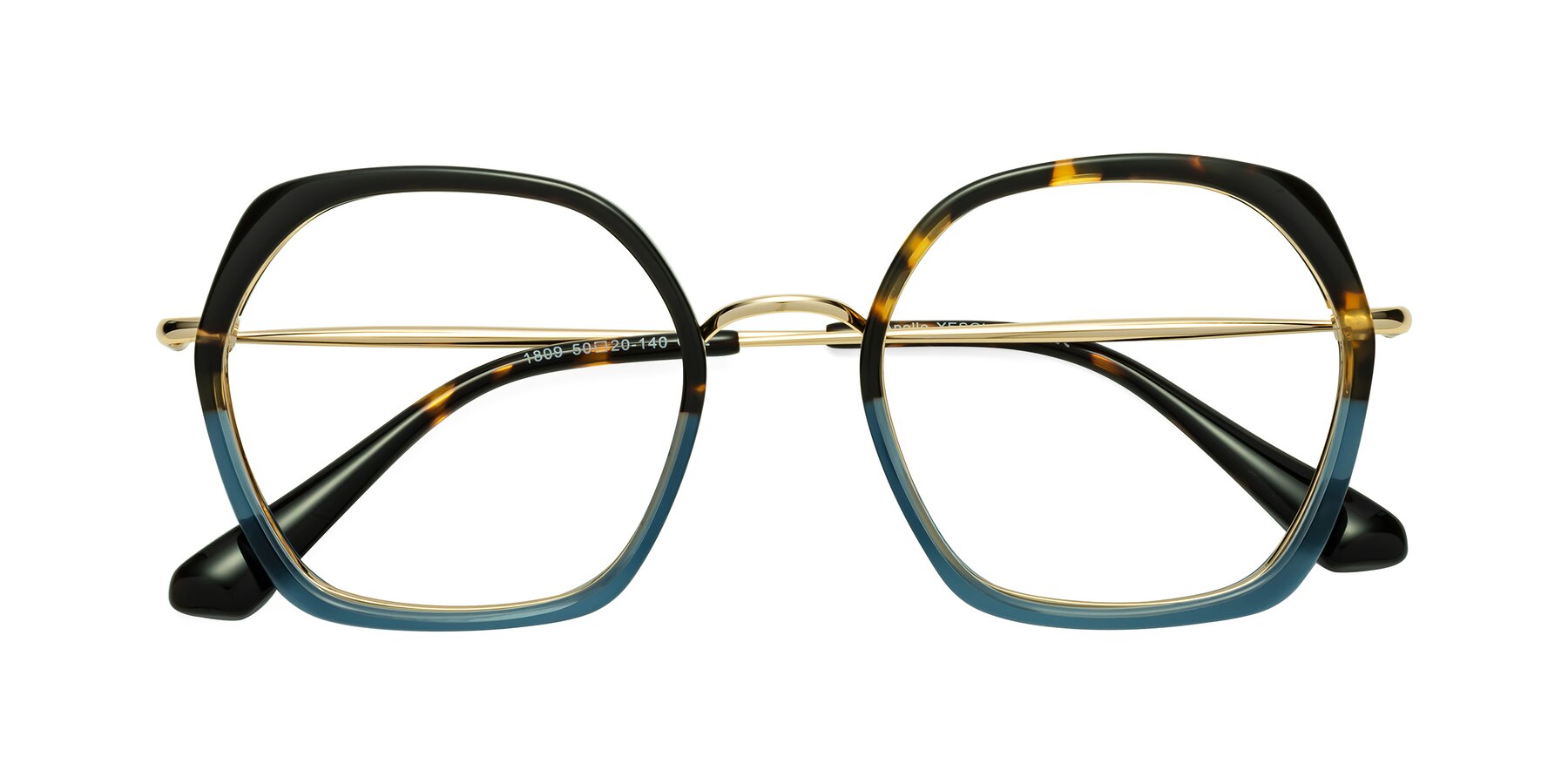 Folded Front of Apollo in Tortoise-Blue with Clear Reading Eyeglass Lenses