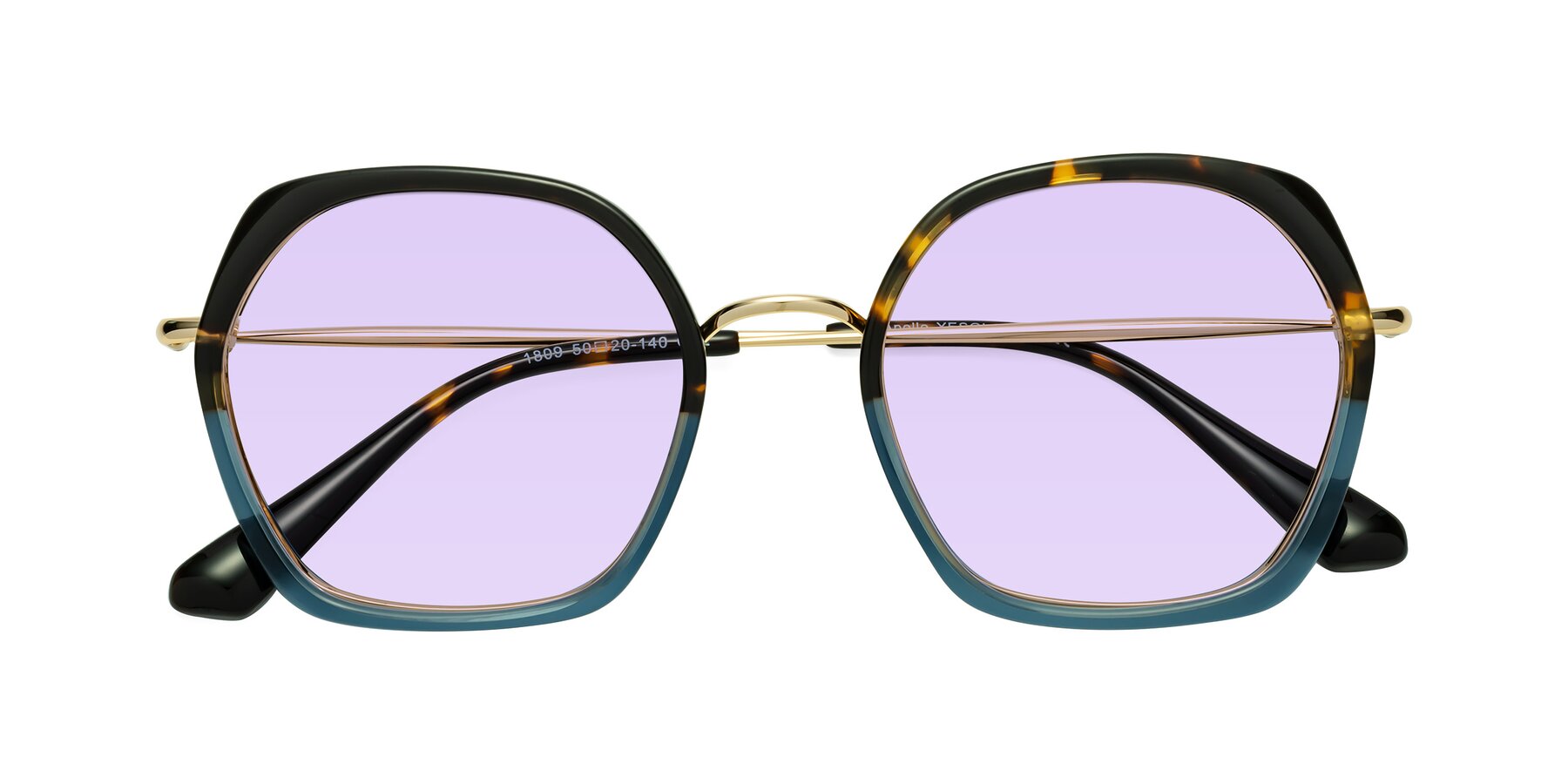 Folded Front of Apollo in Tortoise-Blue with Light Purple Tinted Lenses