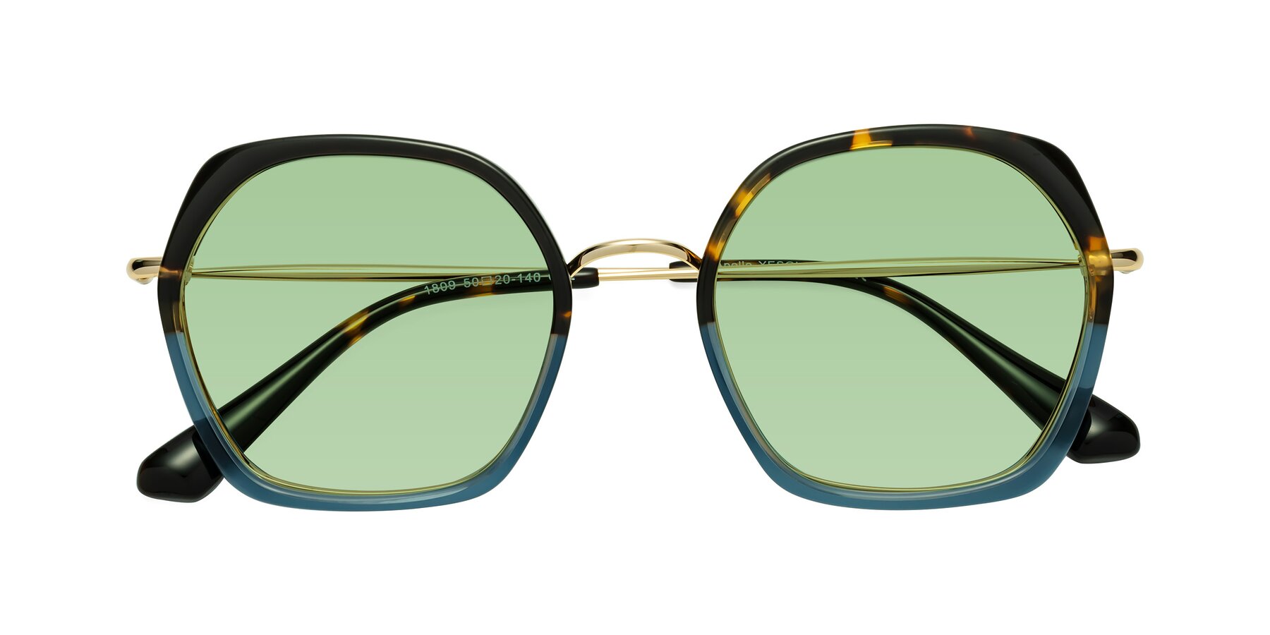 Folded Front of Apollo in Tortoise-Blue with Medium Green Tinted Lenses