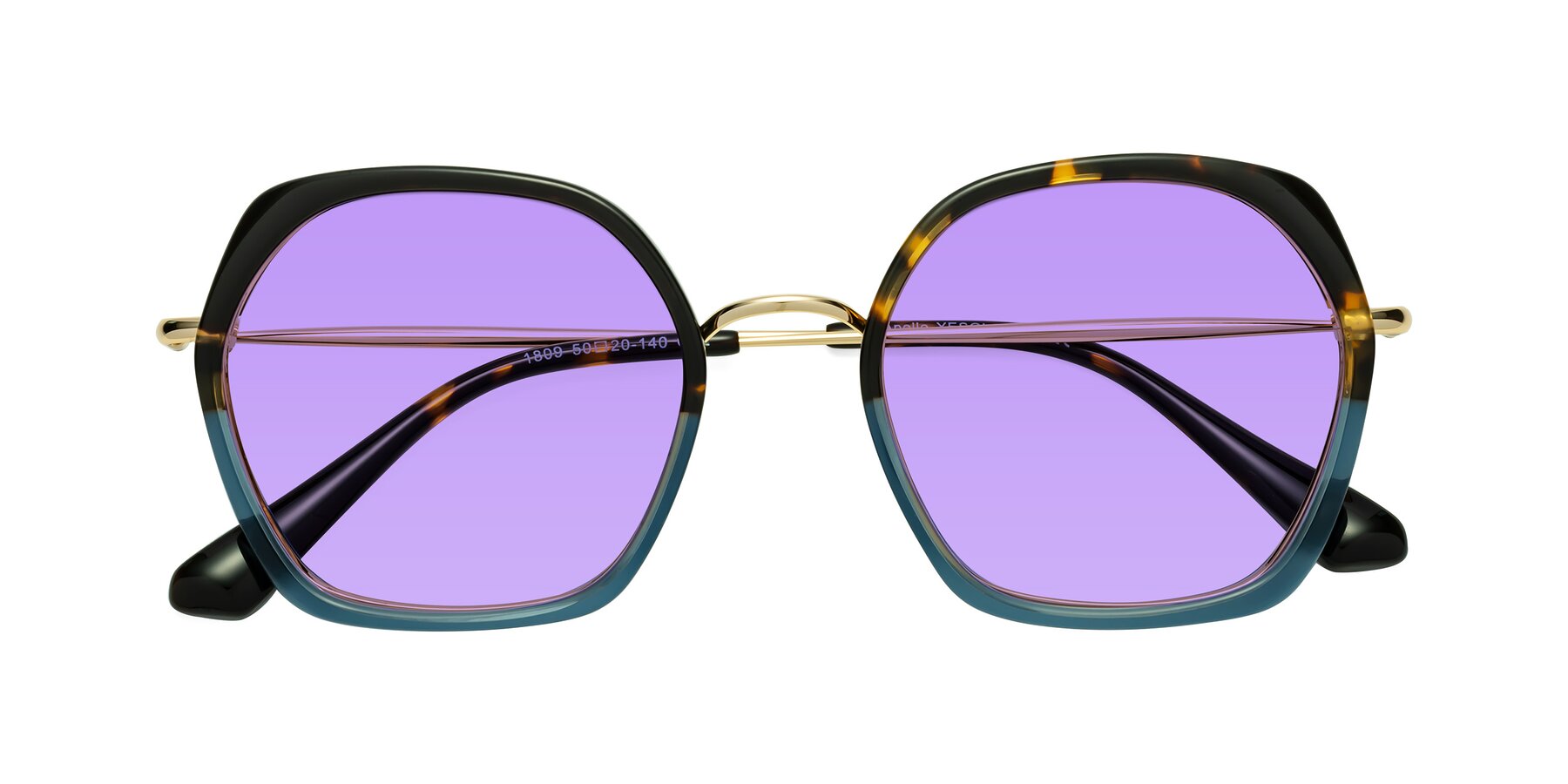 Folded Front of Apollo in Tortoise-Blue with Medium Purple Tinted Lenses