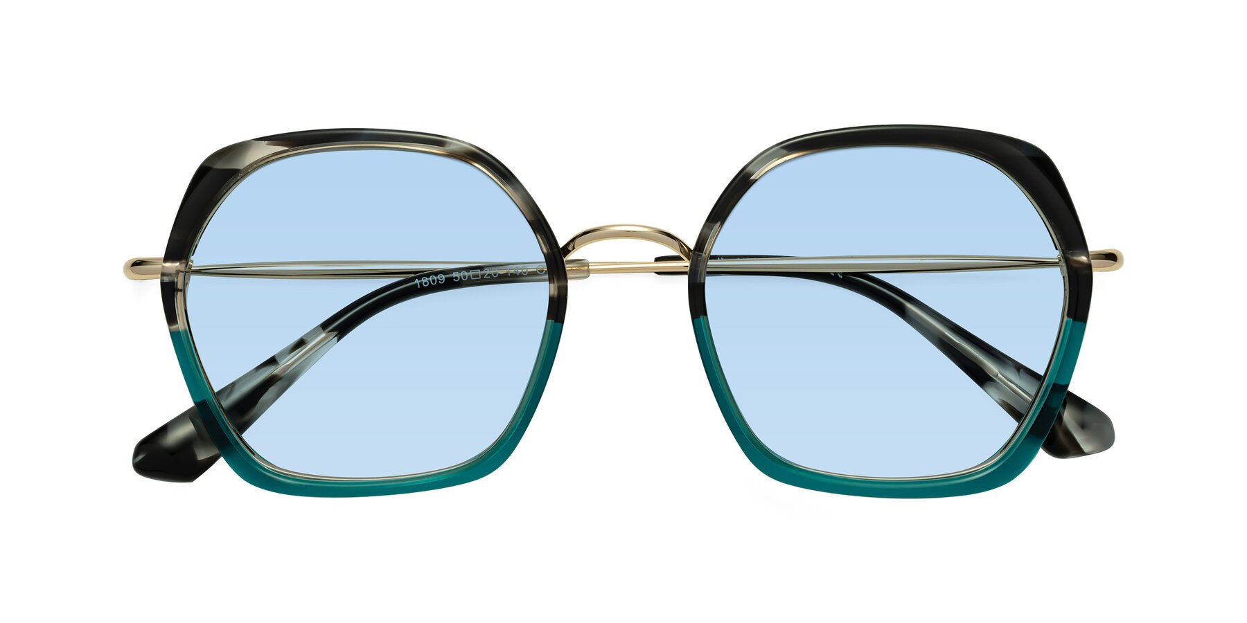 Folded Front of Apollo in Tortoise-Green with Light Blue Tinted Lenses