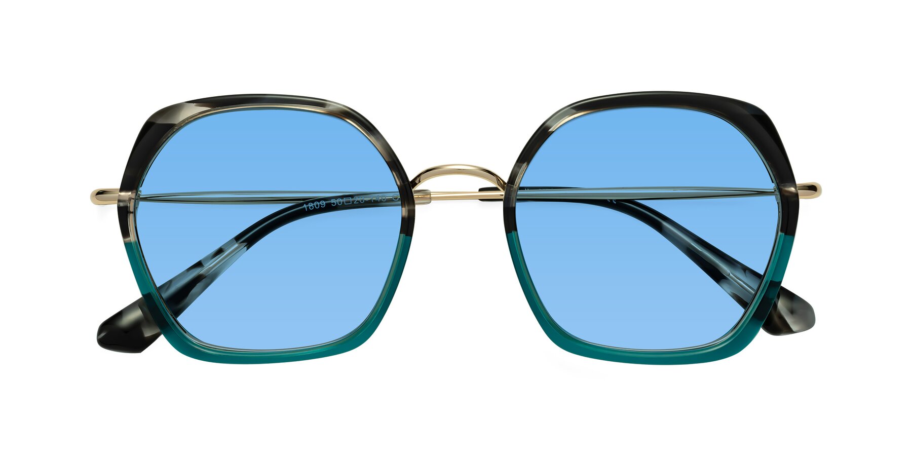 Folded Front of Apollo in Tortoise-Green with Medium Blue Tinted Lenses