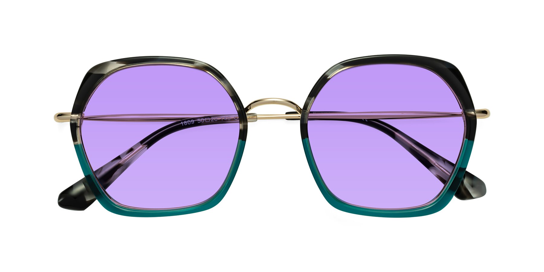 Folded Front of Apollo in Tortoise-Green with Medium Purple Tinted Lenses