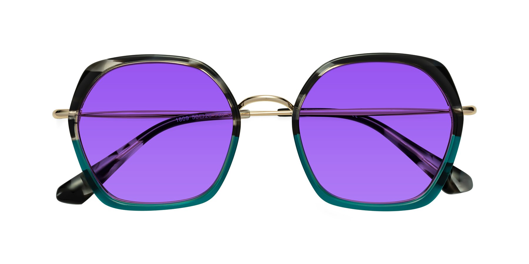 Folded Front of Apollo in Tortoise-Green with Purple Tinted Lenses