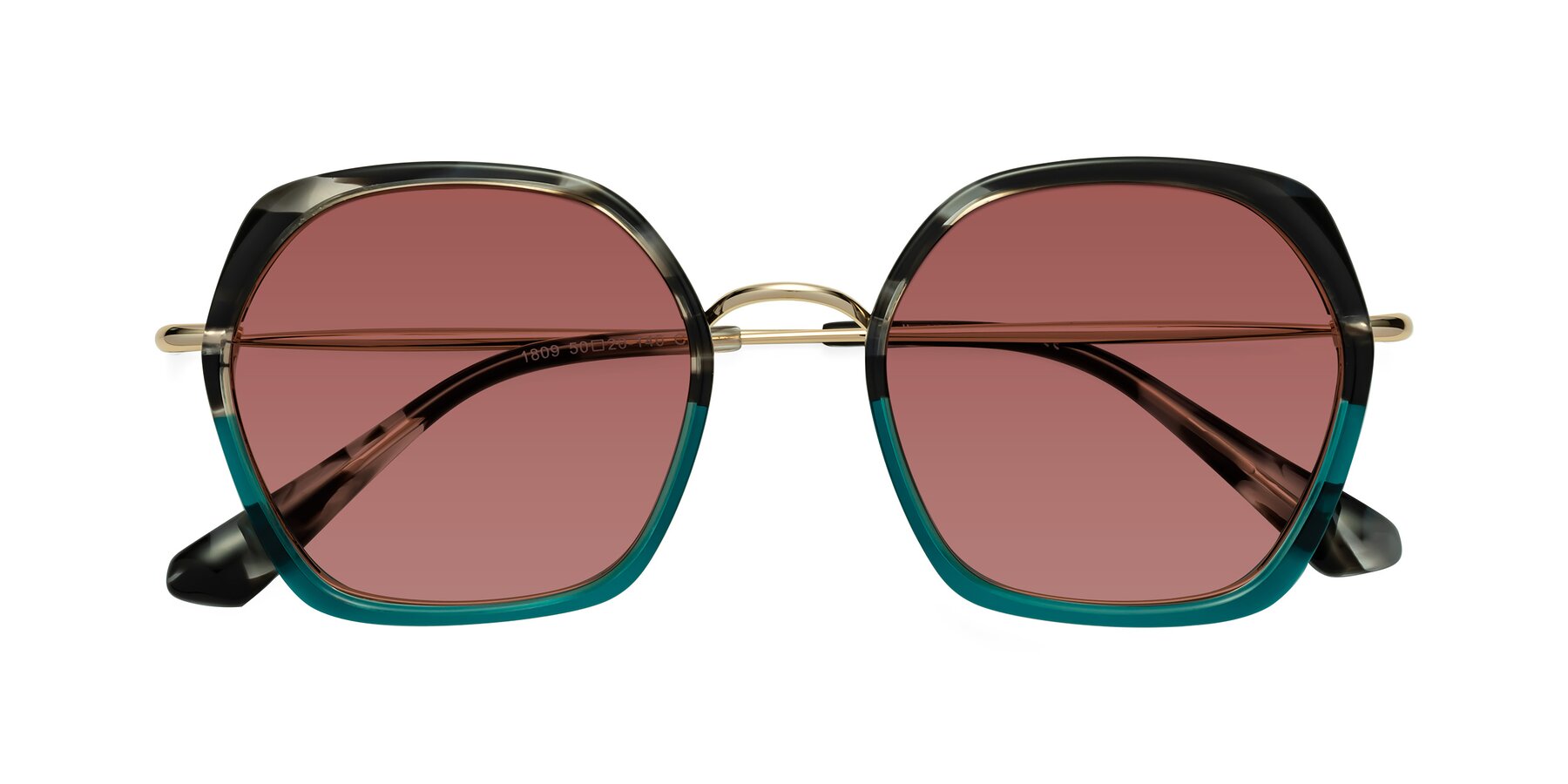 Folded Front of Apollo in Tortoise-Green with Garnet Tinted Lenses