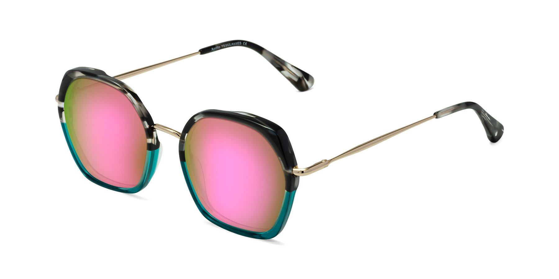 Angle of Apollo in Tortoise-Green with Pink Mirrored Lenses