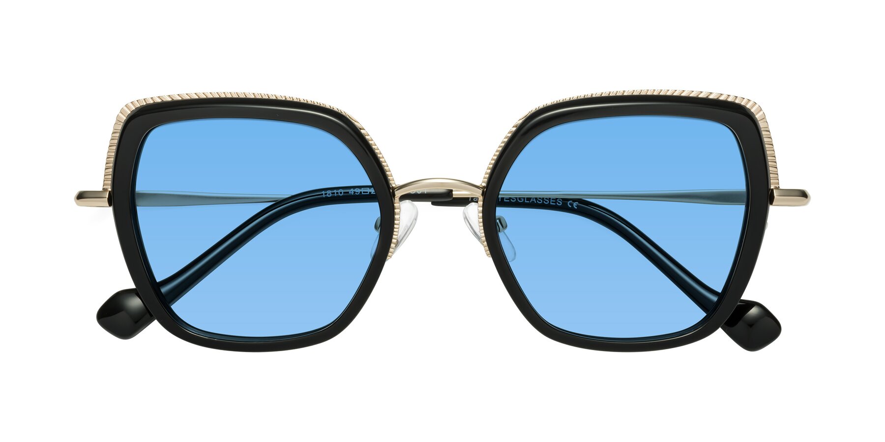 Folded Front of Yates in Black-Gold with Medium Blue Tinted Lenses