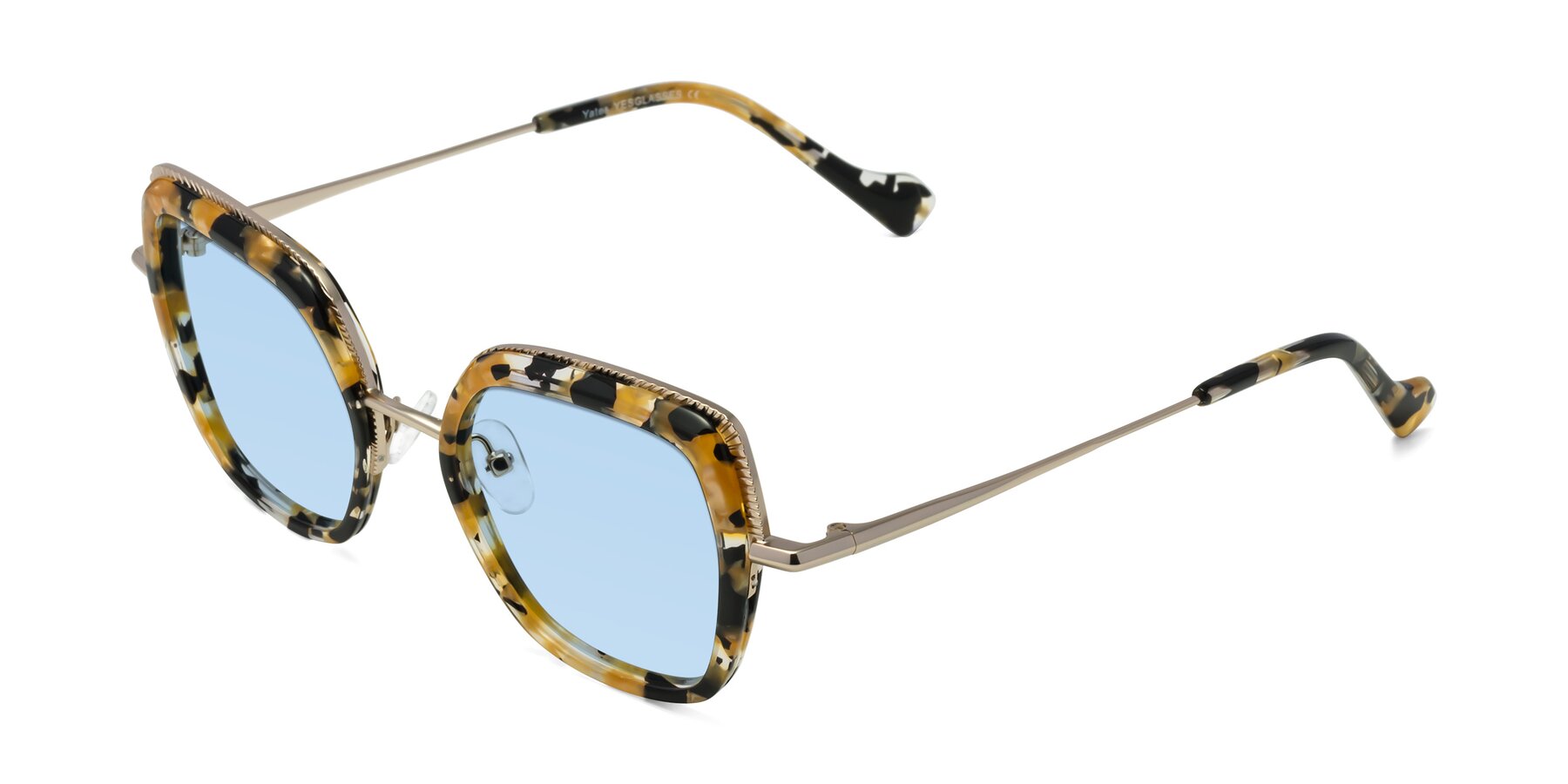 Angle of Yates in Yellow Floral-Gold with Light Blue Tinted Lenses