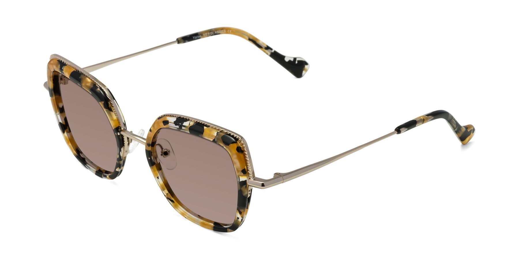 Angle of Yates in Yellow Floral-Gold with Medium Brown Tinted Lenses