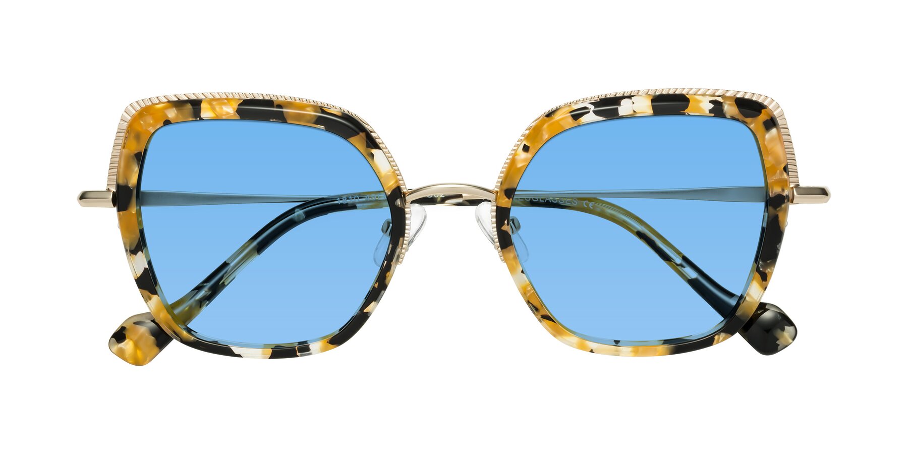 Folded Front of Yates in Yellow Floral-Gold with Medium Blue Tinted Lenses