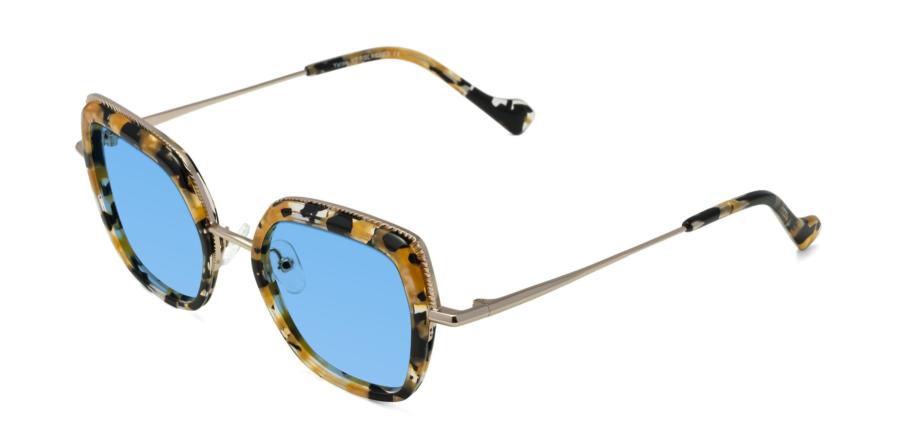 Angle of Yates in Yellow Floral-Gold with Medium Blue Tinted Lenses