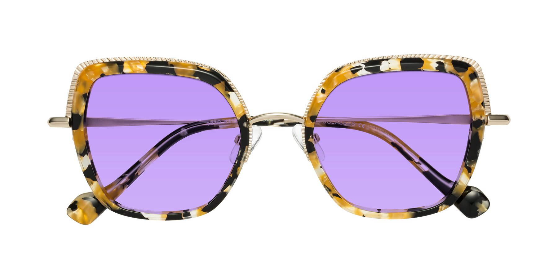 Folded Front of Yates in Yellow Floral-Gold with Medium Purple Tinted Lenses