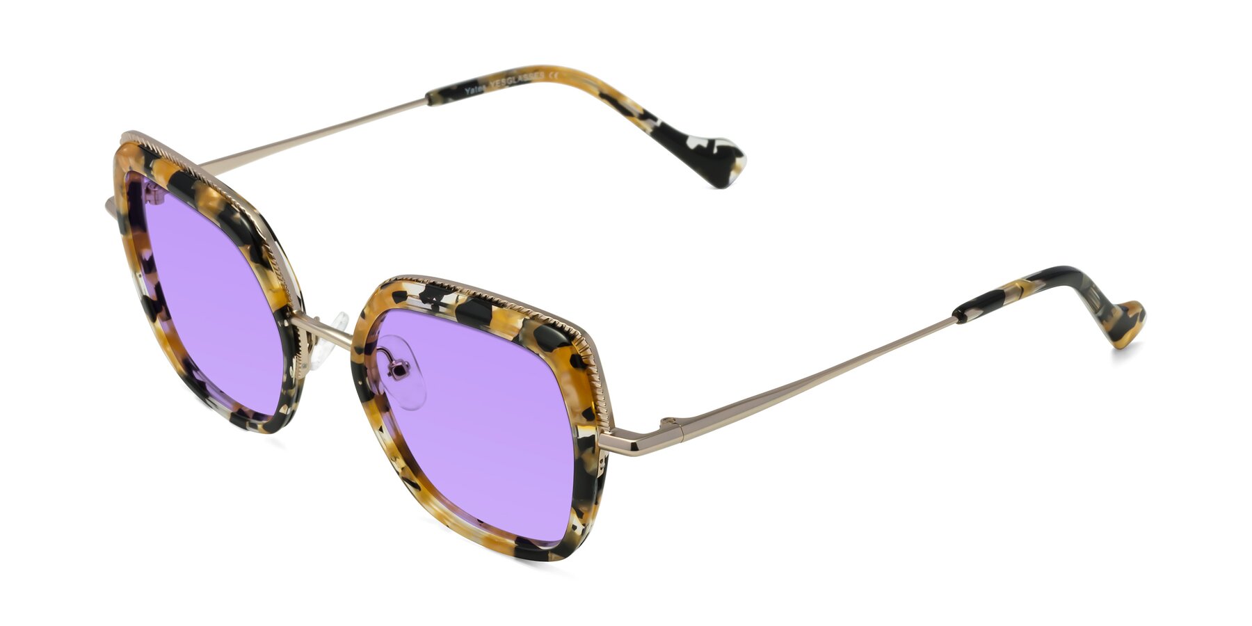Angle of Yates in Yellow Floral-Gold with Medium Purple Tinted Lenses