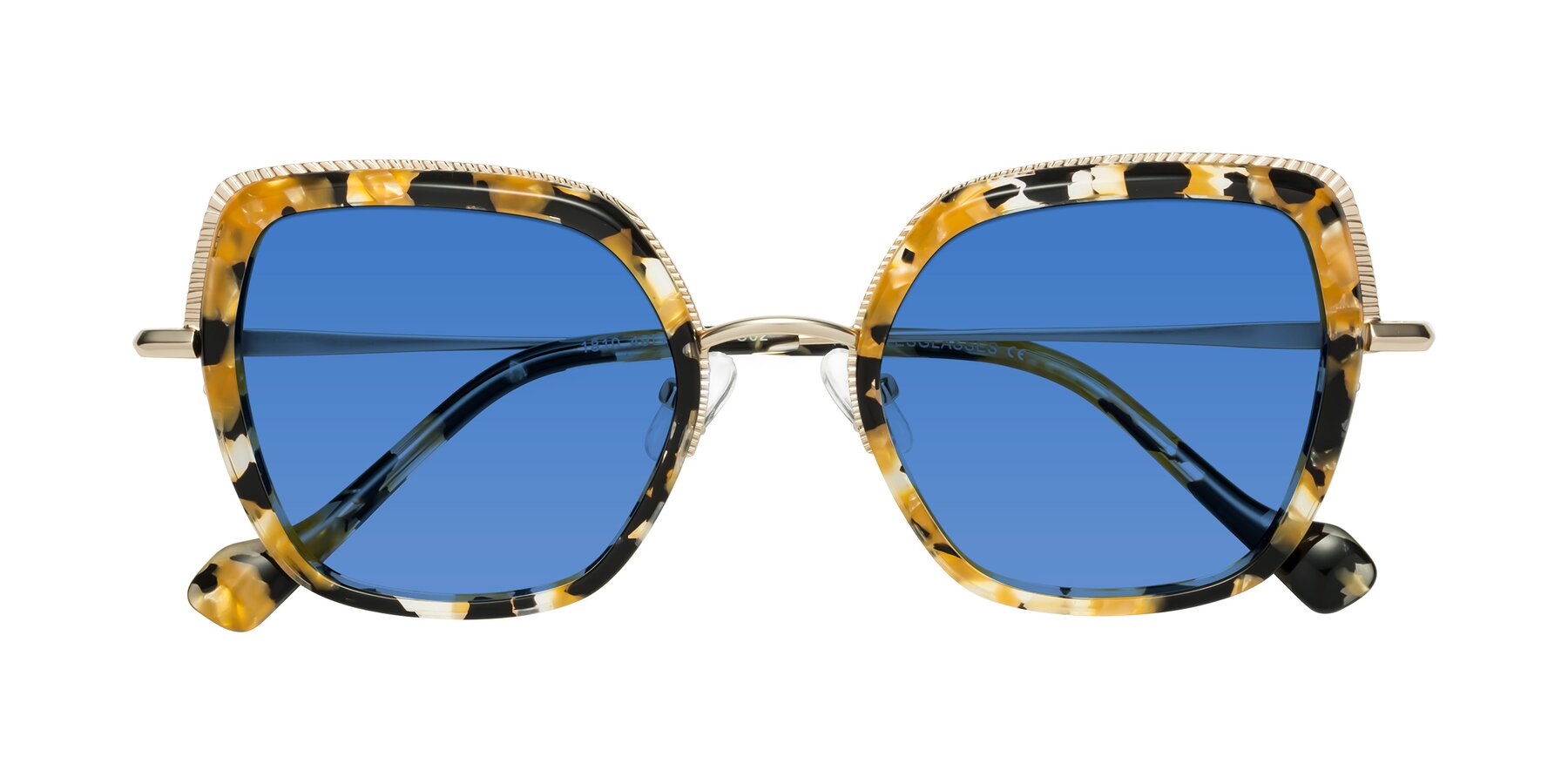 Folded Front of Yates in Yellow Floral-Gold with Blue Tinted Lenses