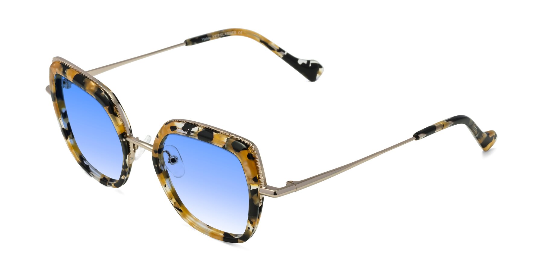 Angle of Yates in Yellow Floral-Gold with Blue Gradient Lenses