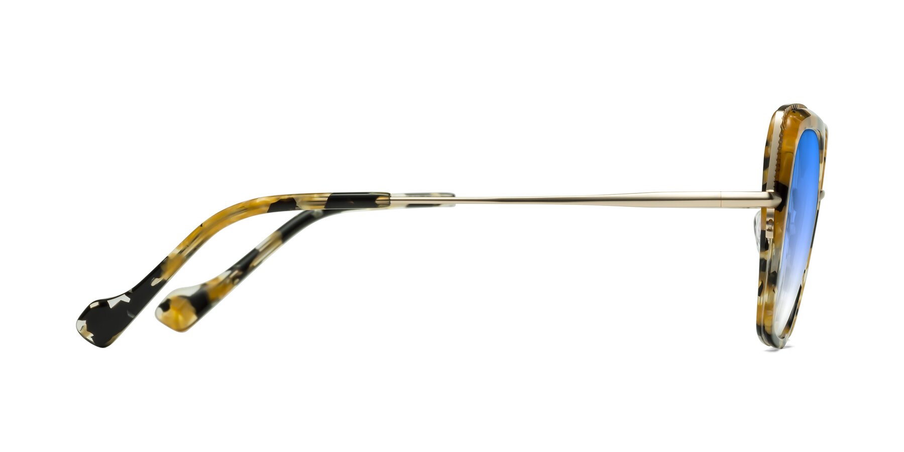Side of Yates in Yellow Floral-Gold with Blue Gradient Lenses