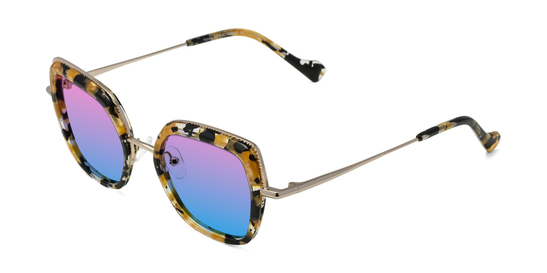 Angle of Yates in Yellow Floral-Gold with Pink / Blue Gradient Lenses