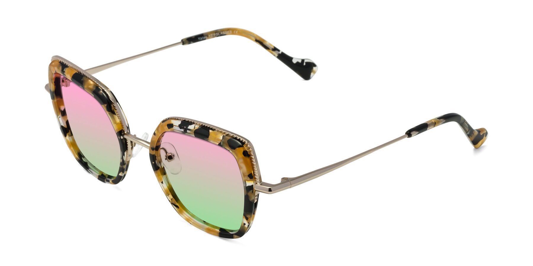 Angle of Yates in Yellow Floral-Gold with Pink / Green Gradient Lenses