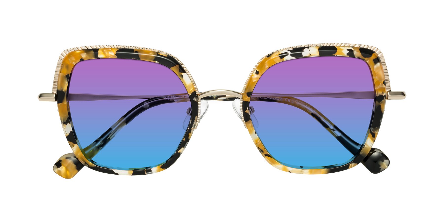 Folded Front of Yates in Yellow Floral-Gold with Purple / Blue Gradient Lenses