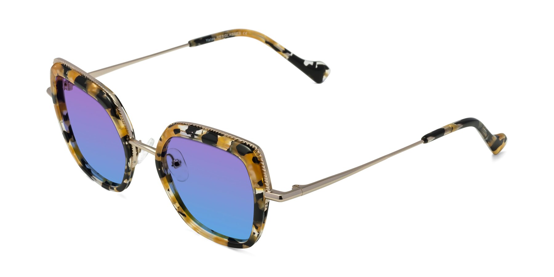 Angle of Yates in Yellow Floral-Gold with Purple / Blue Gradient Lenses