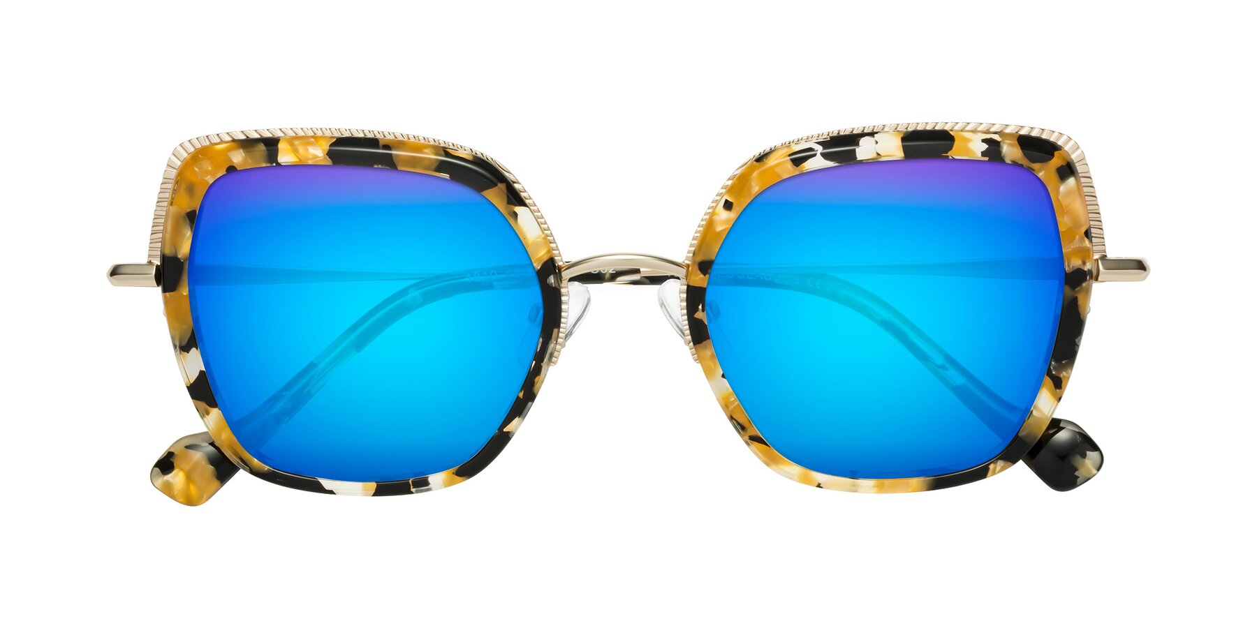 Folded Front of Yates in Yellow Floral-Gold with Blue Mirrored Lenses