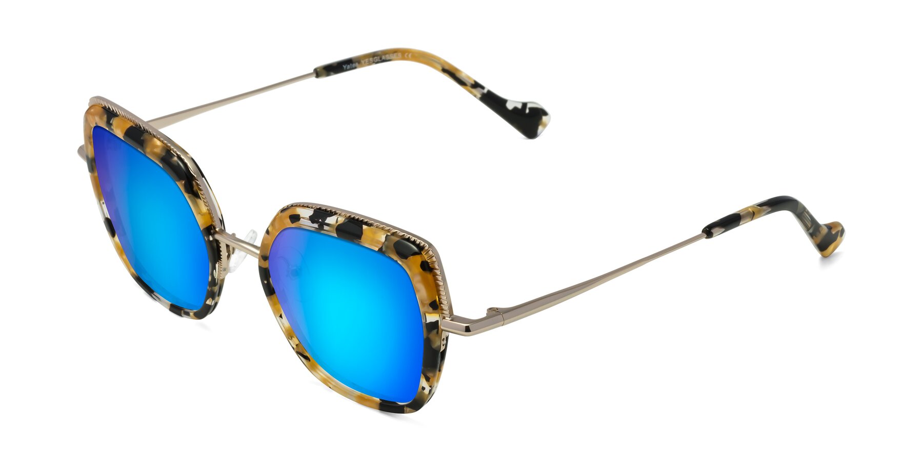 Angle of Yates in Yellow Floral-Gold with Blue Mirrored Lenses