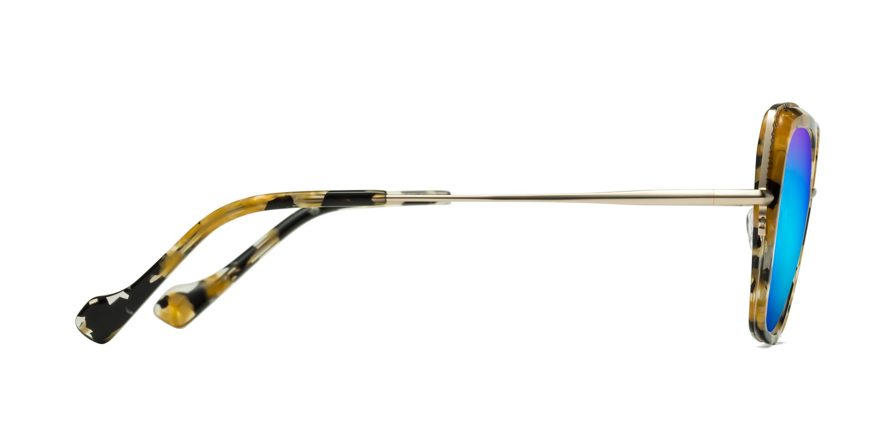 Side of Yates in Yellow Floral-Gold with Blue Mirrored Lenses