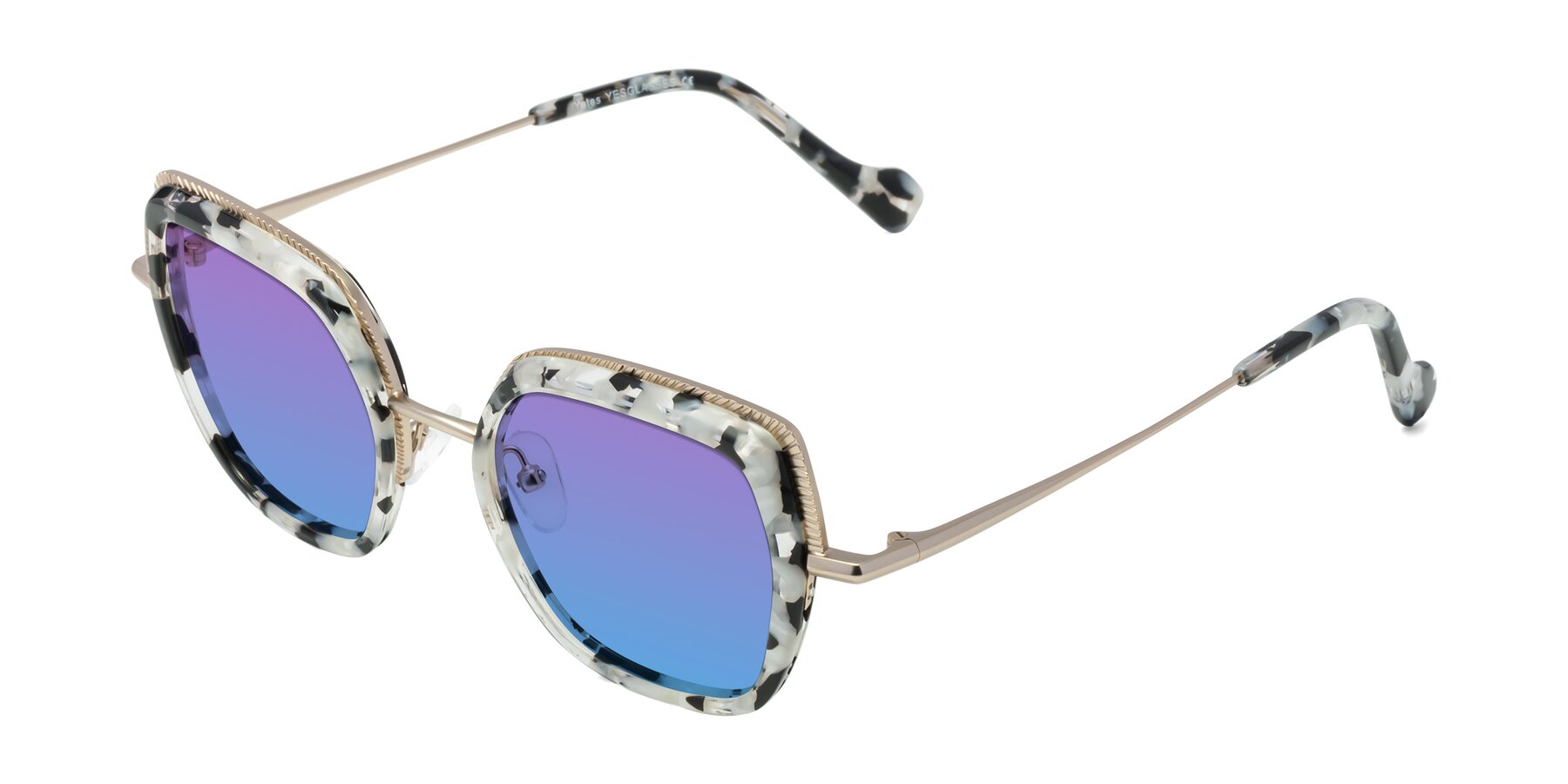 Angle of Yates in Ivory Floral-Gold with Purple / Blue Gradient Lenses