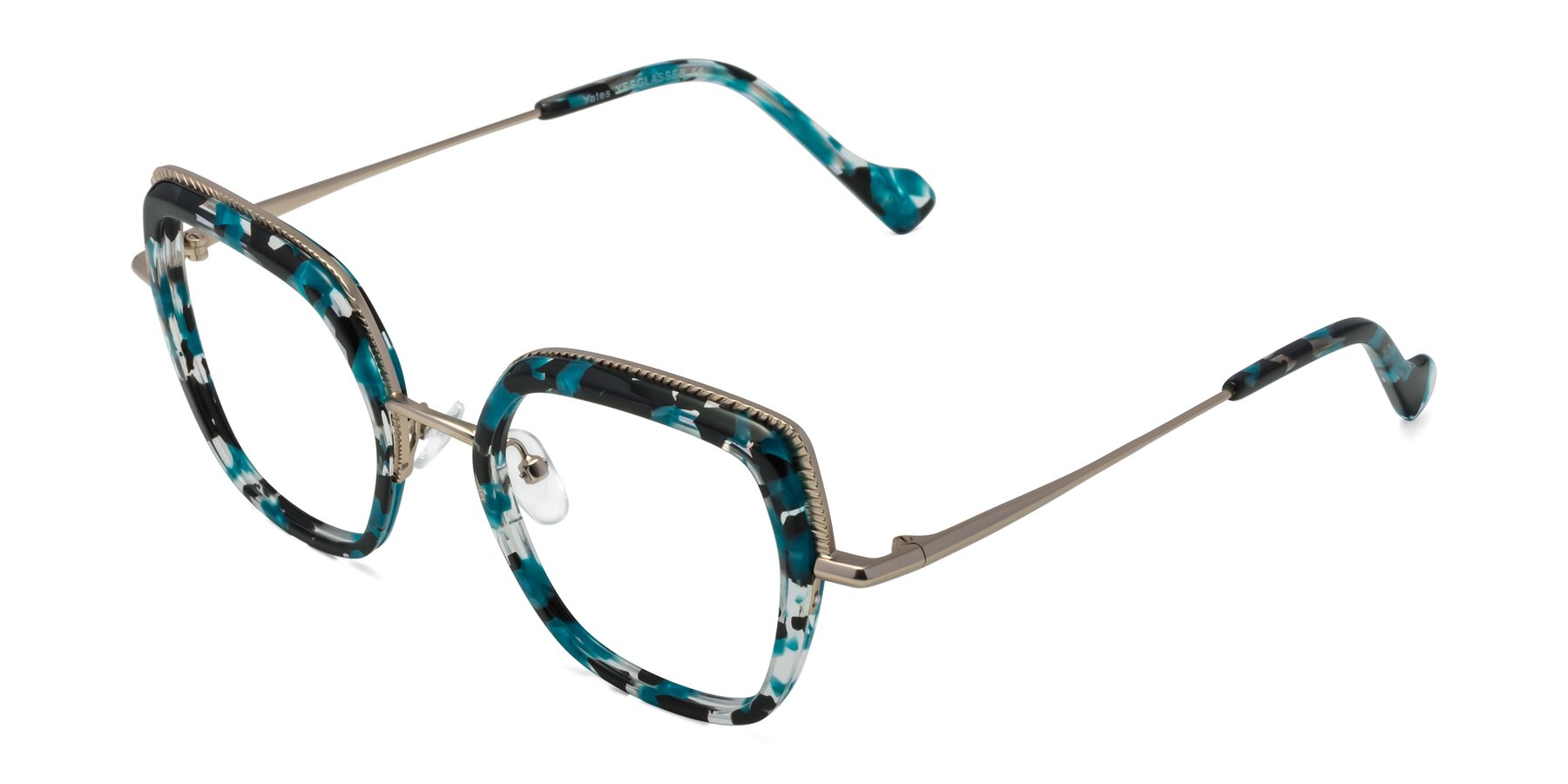 Angle of Yates in Blue Floral-Gold with Clear Reading Eyeglass Lenses