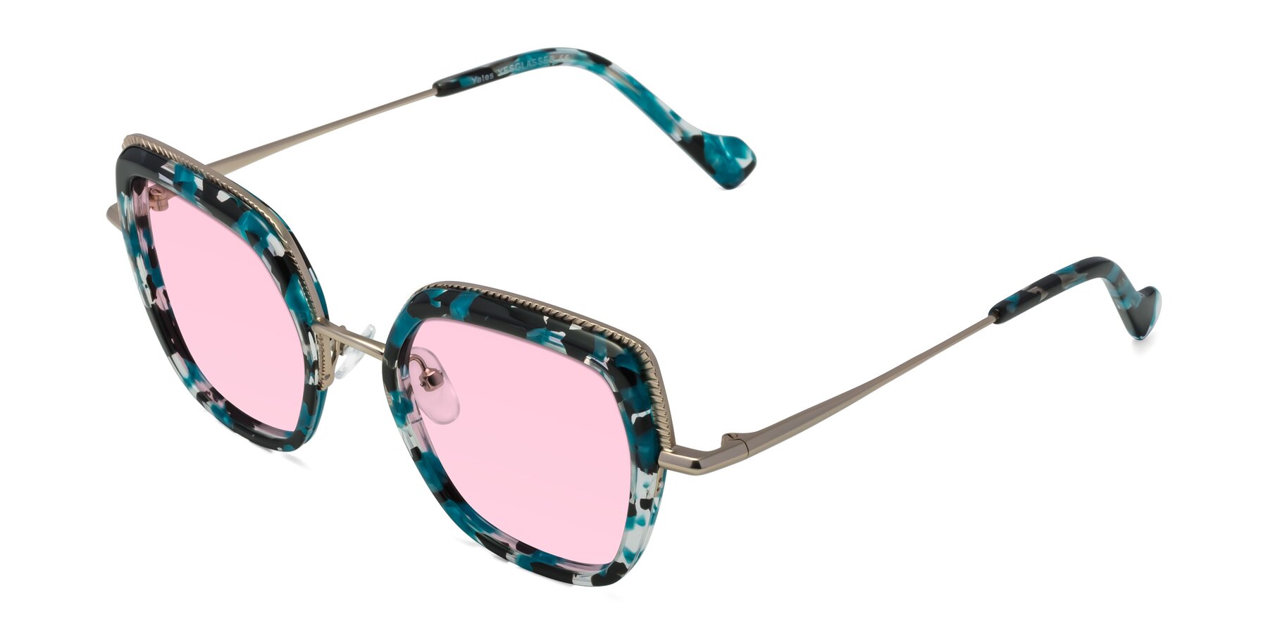 Angle of Yates in Blue Floral-Gold with Light Pink Tinted Lenses